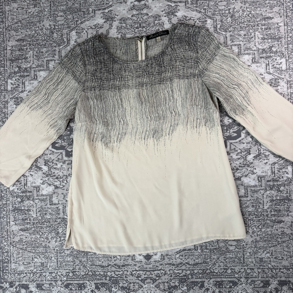 Rose & Olive Womens Small Cream Black Ombre Print Blouse 3/4 Sleeve Top